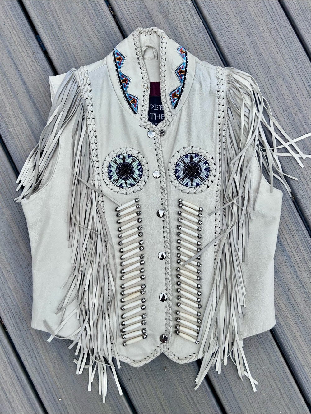 Ivory Fringe Leather Vest with Beaded Accents - Picture 7 of 8